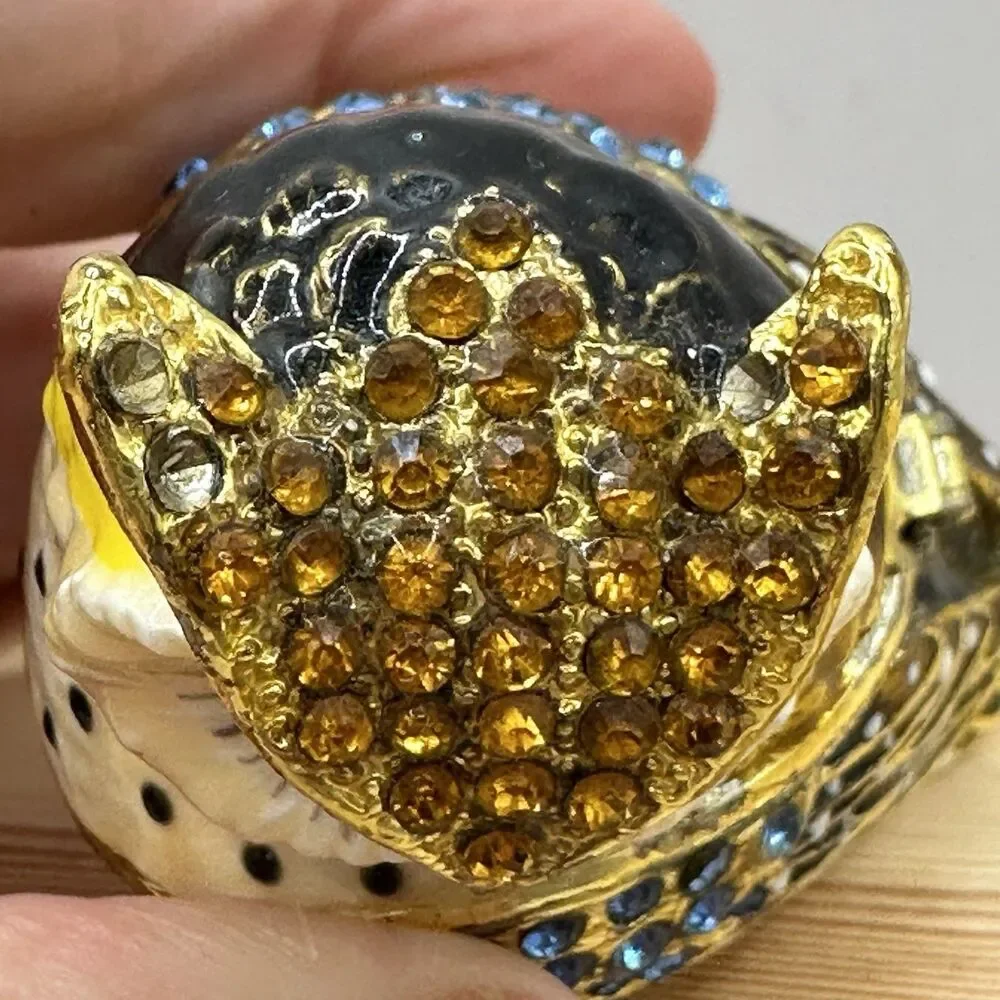 Charming Owl Jeweled Enameled Trinket Box Rhinestone Magnetic Closure Gold-Tone